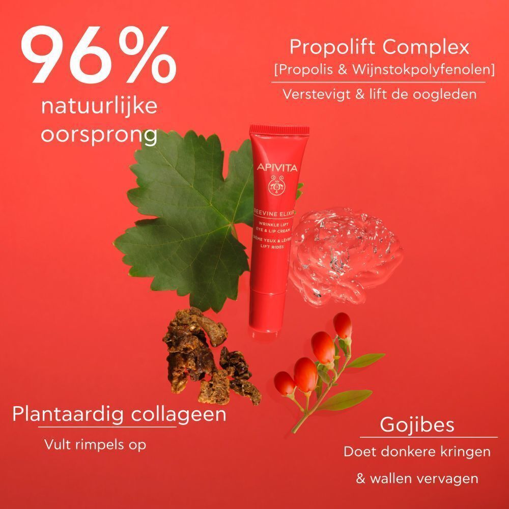 Rode tube Apivita Beevine Elixir Crème Yeux & Lèvres Lift Rides met bladeren en ingrediënten. Tekst: 96% natuurlijke oorsprong.