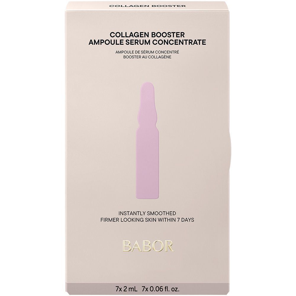 Emballage avec illustration d'une ampoule rose. Texte : "Collagen Booster Ampoule Serum Concentrate" et "BABOR".