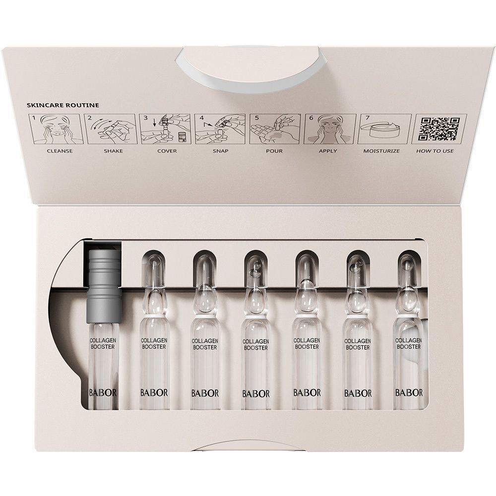 Open verpakking met 7 ampullen en een applicator. Tekst: "Collagen Booster" en "BABOR".