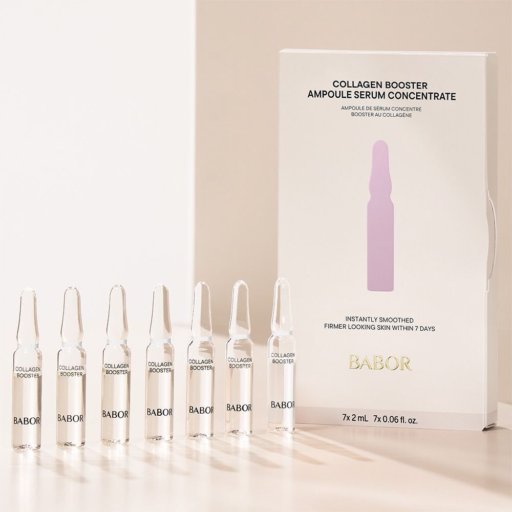 Verpakking met 7 ampullen. Tekst: "Collagen Booster Ampoule Serum Concentrate" en "BABOR".