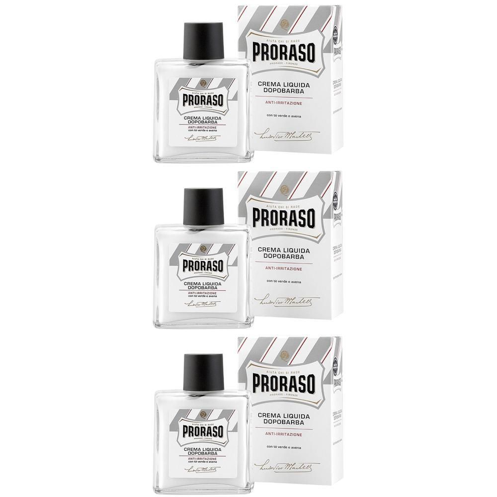 Drie flessen en verpakkingen. Op de flessen staat "PRORASO". De verpakkingen tonen het logo en de tekst "CREMA LIQUIDA DOPOBARBA".