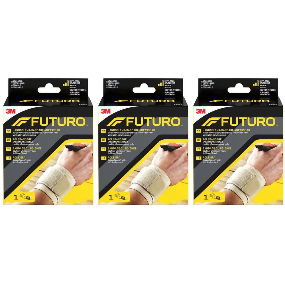 Drie FUTURO™ polsbandages in verpakking. Beige bandage om pols, zwarte pen.