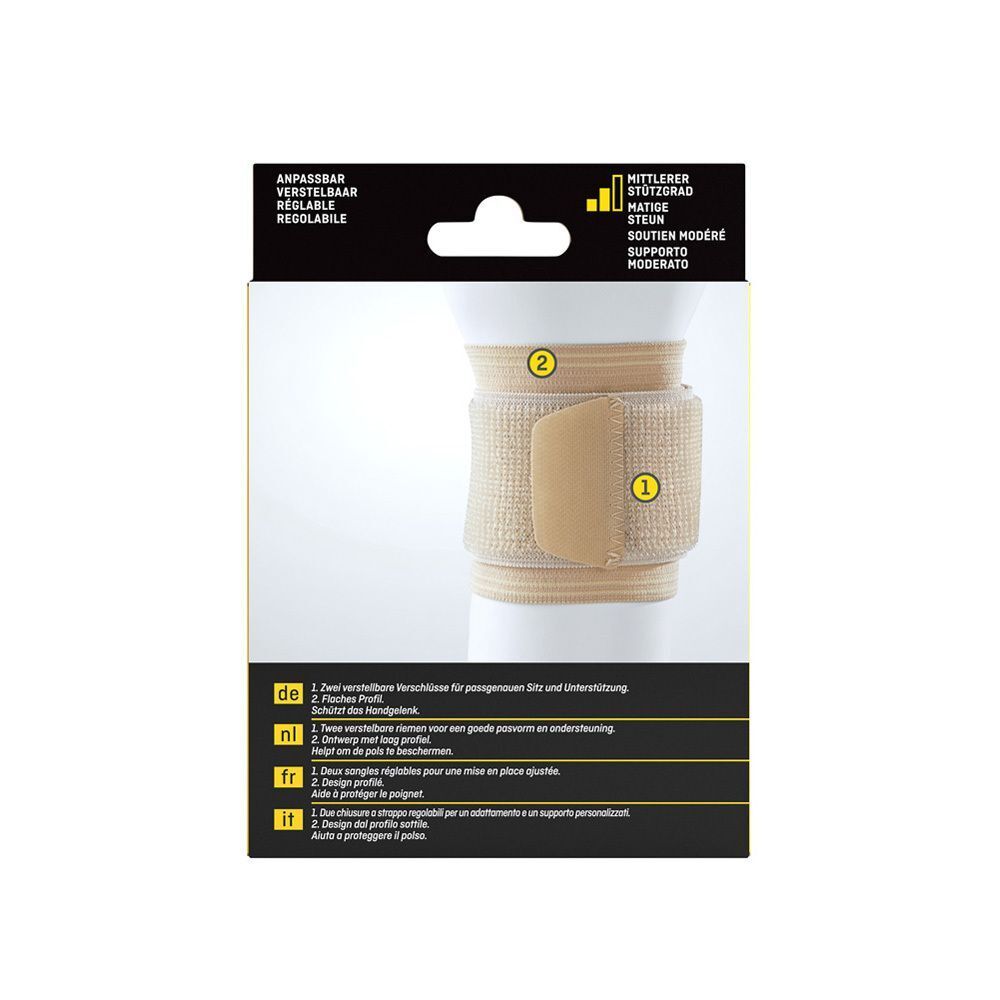 Bandage de poignet FUTURO™, vue détaillée. Bandage beige avec fermeture velcro.