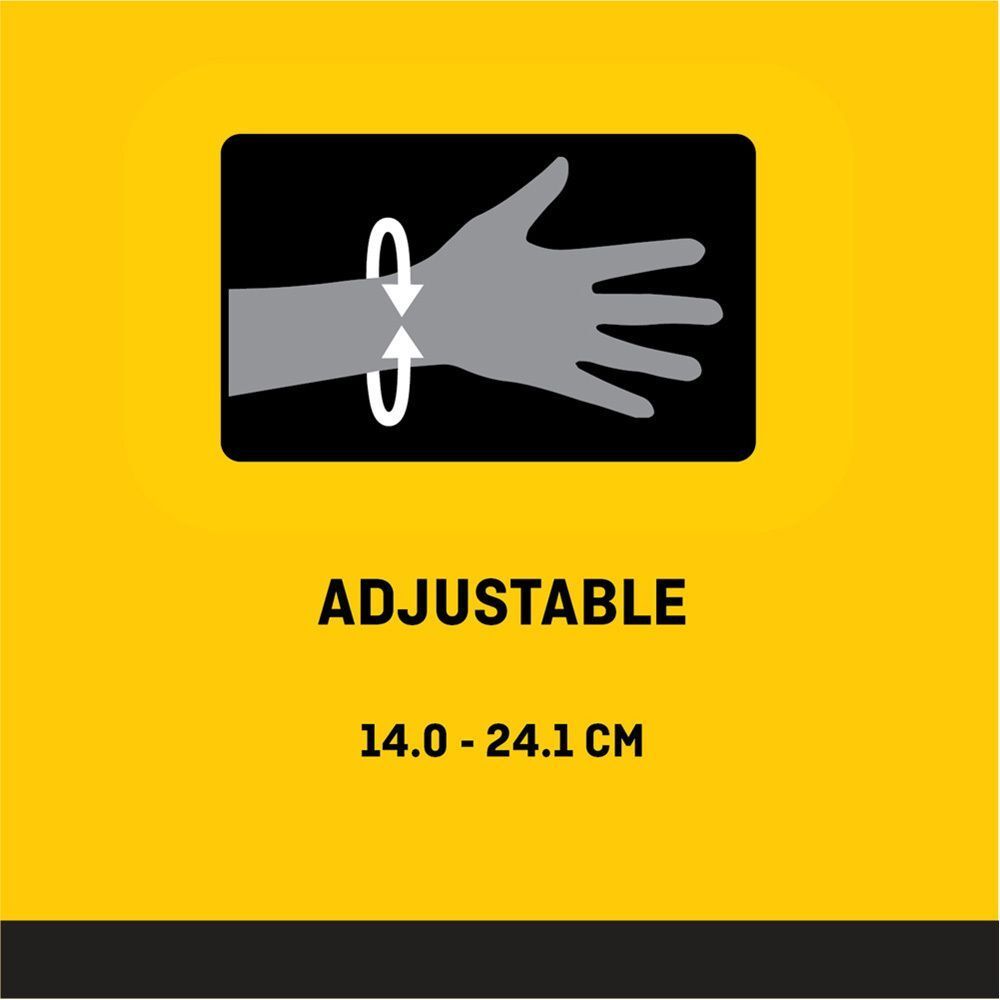 Afbeelding: pols met maatindicatie. Verstelbaar van 14,0 tot 24,1 cm.