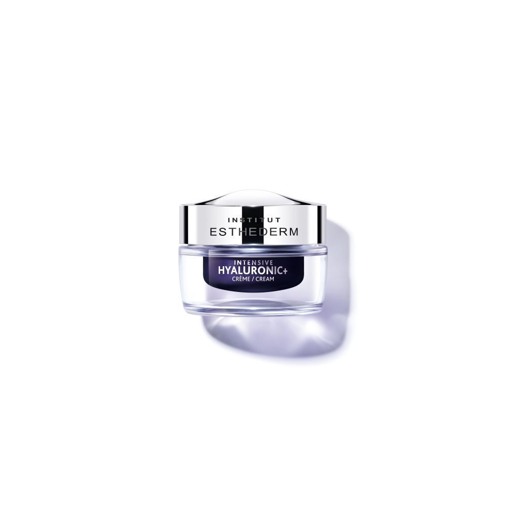 Crèmetiegel, glas, zilveren deksel. Opschrift: Institut Esthederm, Intensive Hyaluronic+ Crème/Cream.