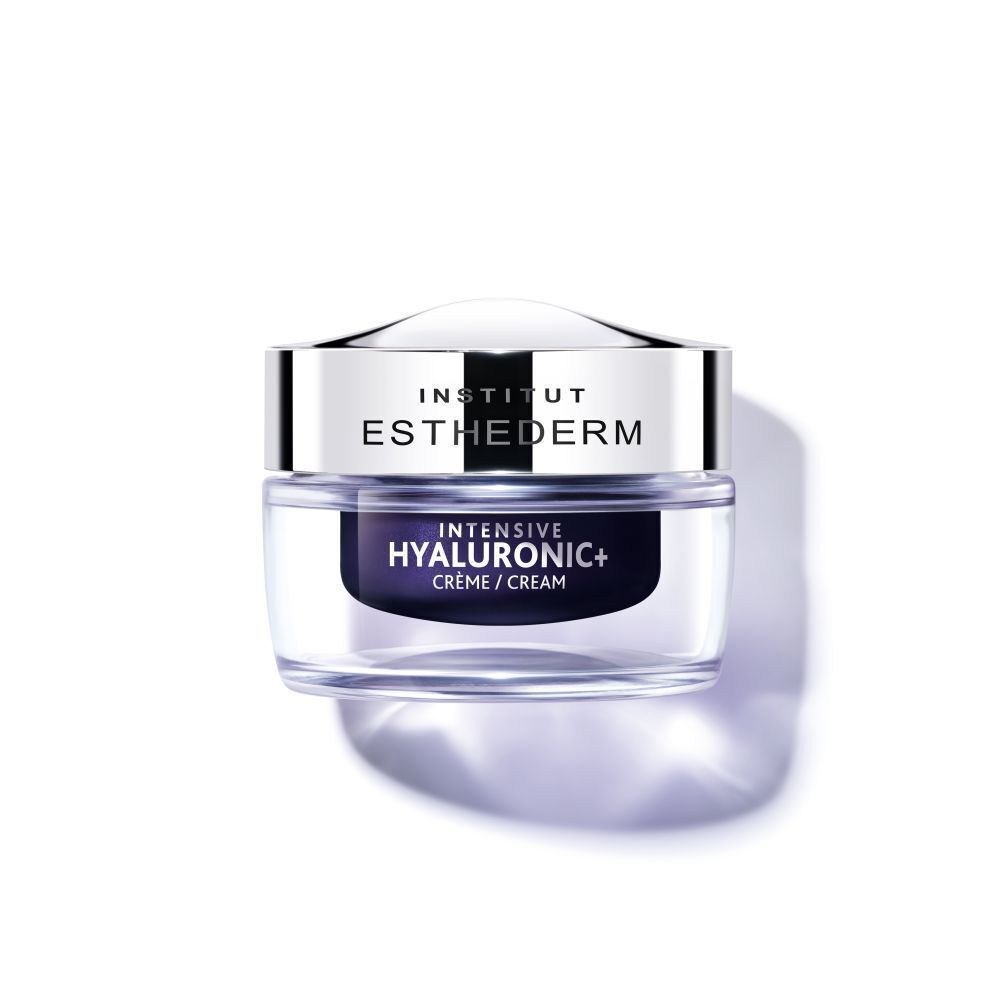 Crèmetiegel, glas, zilveren deksel. Opschrift: Institut Esthederm, Intensive Hyaluronic+ Crème/Cream.