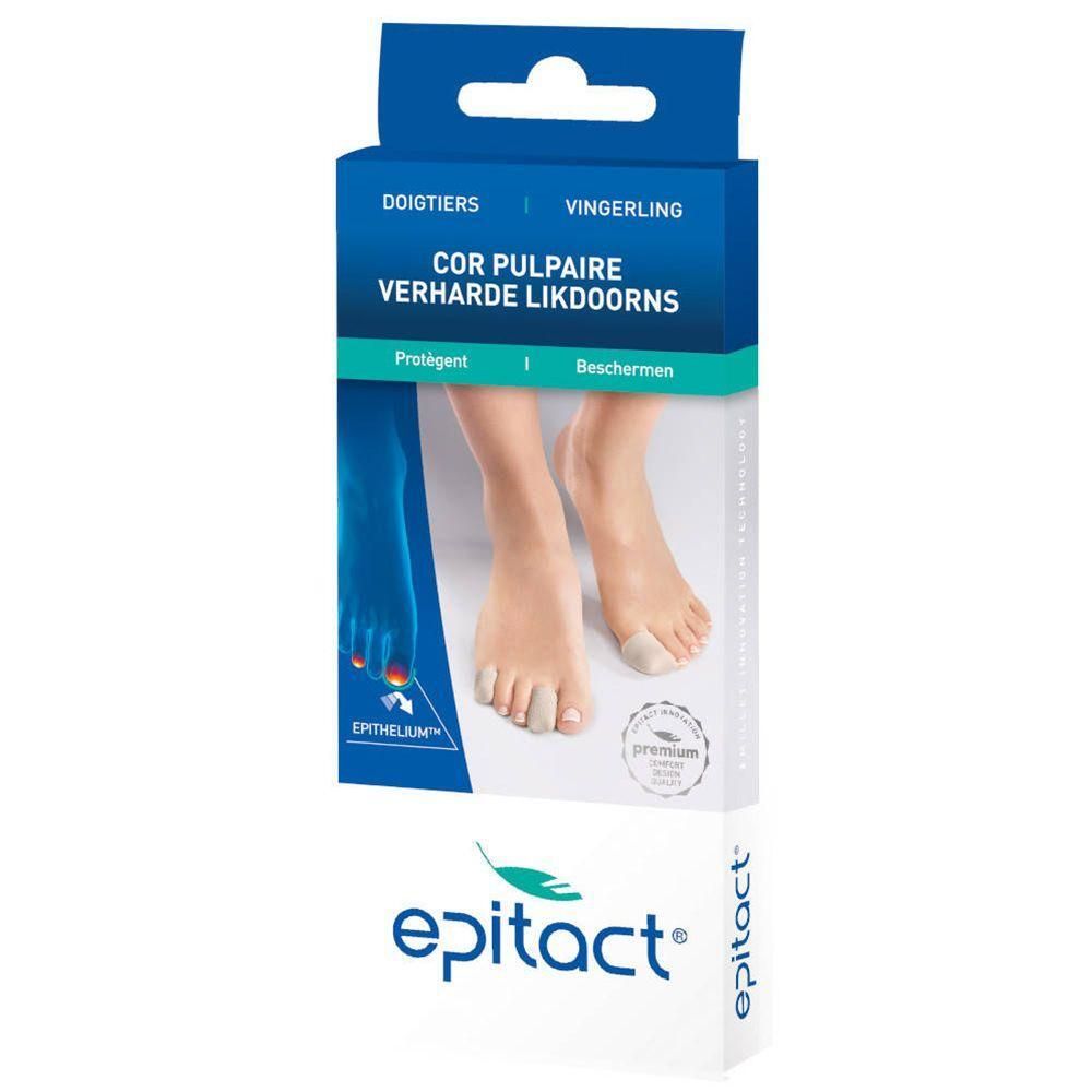 Emballage avec illustration du produit. Inscription: Cor Pulpaire, Verharden Likdoorns. Marque: Epitact. Montre des pieds avec protection d'orteils.