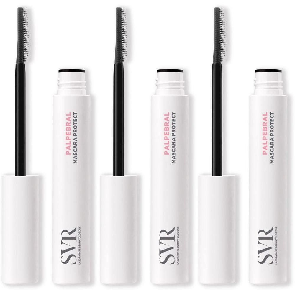 Plusieurs tubes de mascara blancs avec brosse noire. Inscription: PALPEBRAL MASCARA PROTECT et logo SVR.