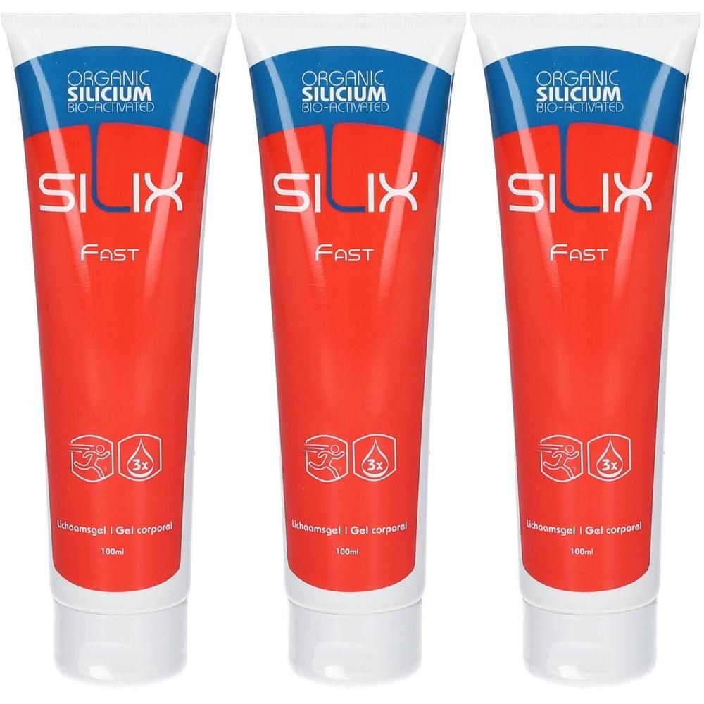 Trois tubes de gel Silix Fast. Bouchon blanc, corps rouge avec texte blanc. Inscription : Organic Silicium, Silix Fast.