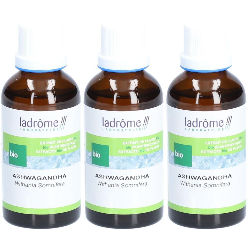Trois flacons en verre brun avec bouchon blanc. Inscription: Ladrôme, Ashwagandha, bio.
