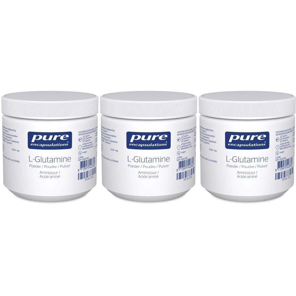 Trois pots blancs avec couvercles. Chaque pot porte l'inscription "pure encapsulations" et "L-Glutamine".