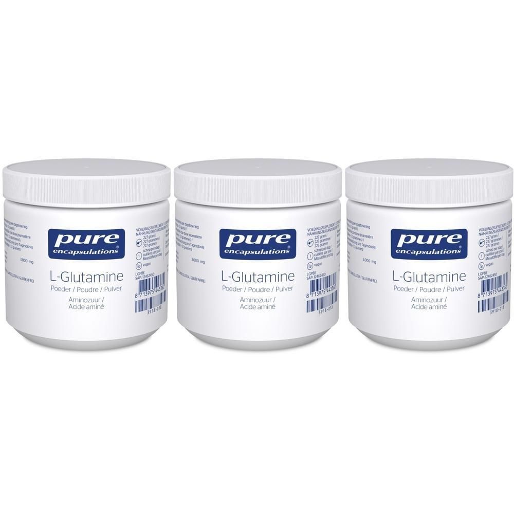 Drie witte potten met deksels. Opschrift: Pure Encapsulations, L-Glutamine, Poeder. Etiket met informatie.