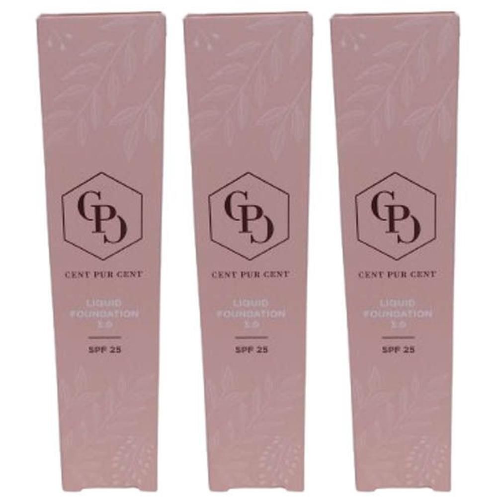Trois boîtes identiques de Cent Pur Cent Liquid Mineral Foundation SPF25 3.0. Teinte rose, logo hexagonal, nom du produit et SPF 25.
