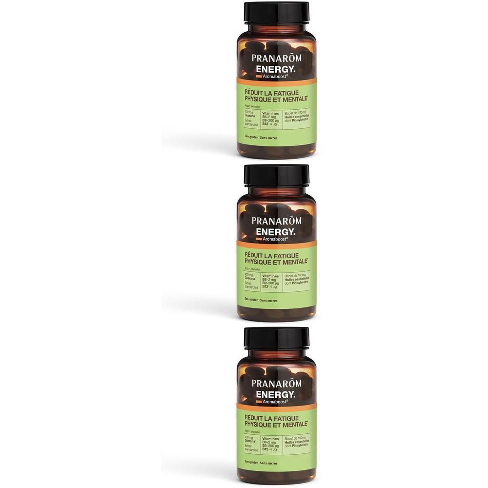 Trois flacons Pranarom Energy. Flacons en verre brun, bouchon noir, étiquette verte. Texte: Réduit la fatigue physique et mentale.