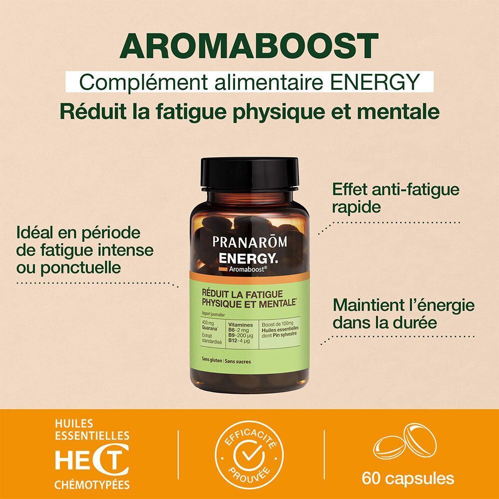 Un flacon Pranarom Energy avec des gélules. Flacon en verre brun, bouchon noir, étiquette verte. Texte: Réduit la fatigue physique et mentale. 60 gélules.