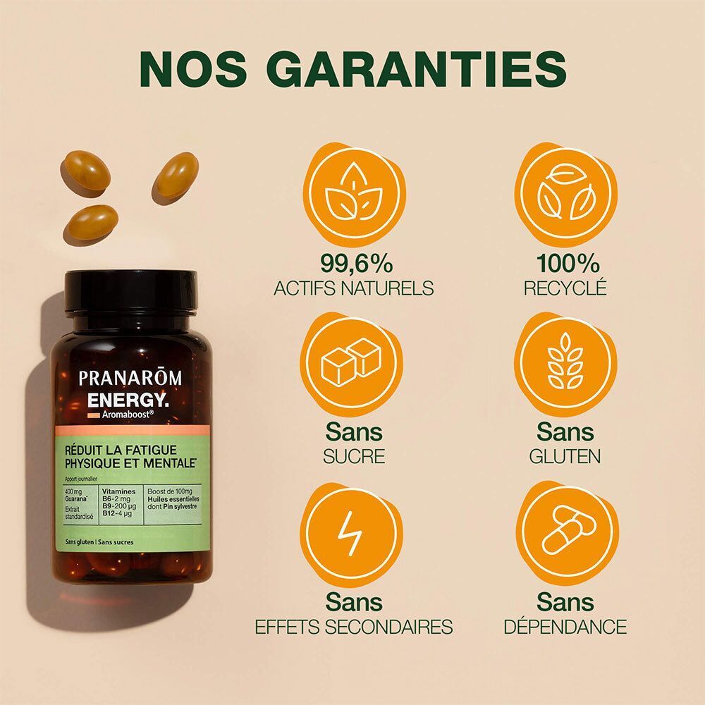 Un flacon Pranarom Energy avec des gélules. Flacon en verre brun, bouchon noir, étiquette verte. Texte: Réduit la fatigue physique et mentale. 99,6% actifs naturels.