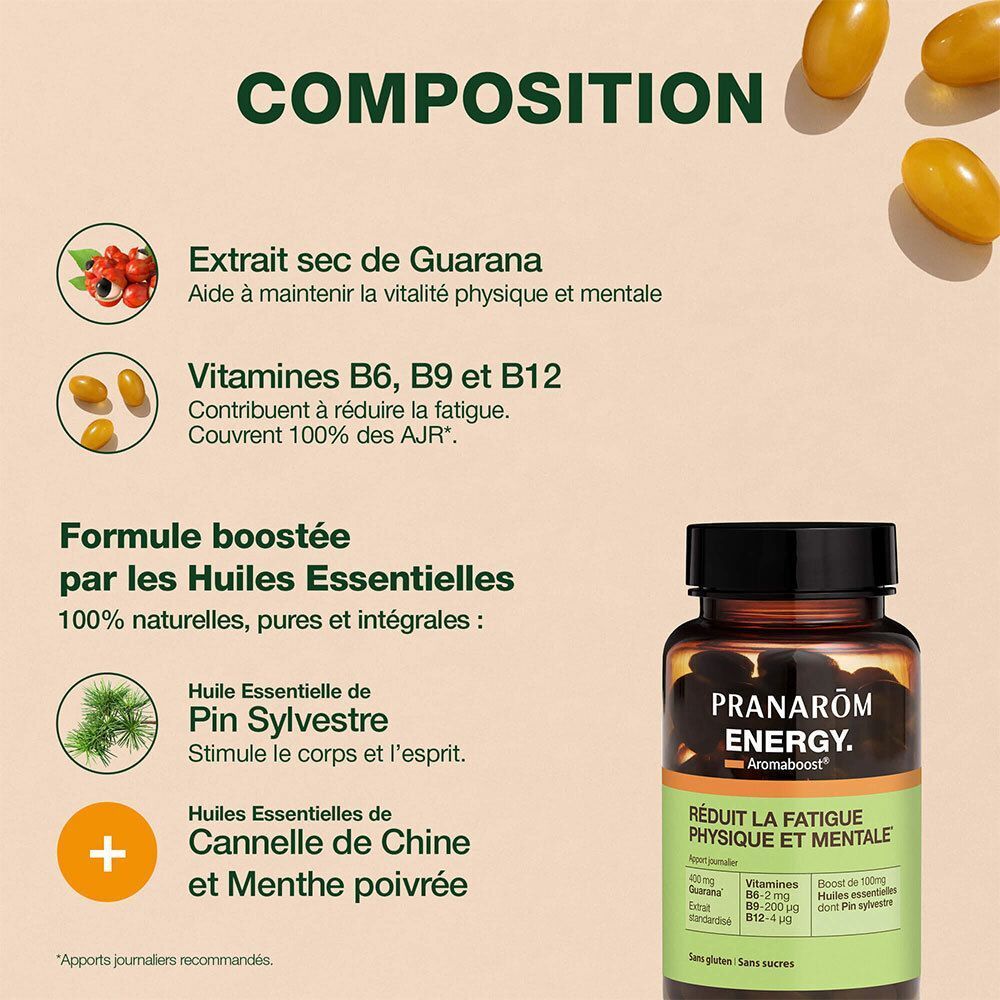 Un flacon Pranarom Energy avec des gélules. Flacon en verre brun, bouchon noir, étiquette verte. Texte: Réduit la fatigue physique et mentale. Composition.