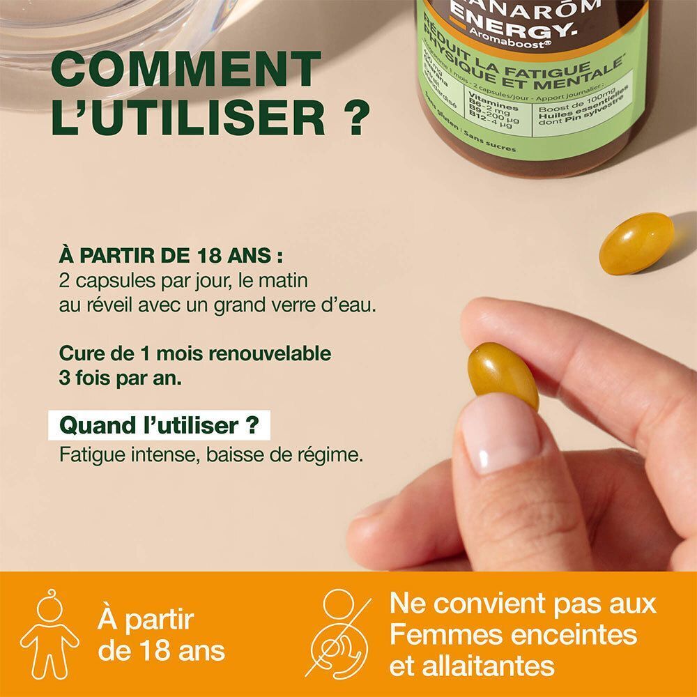 Une main tient une gélule. Texte: À partir de 18 ans. Ne convient pas aux femmes enceintes et allaitantes.