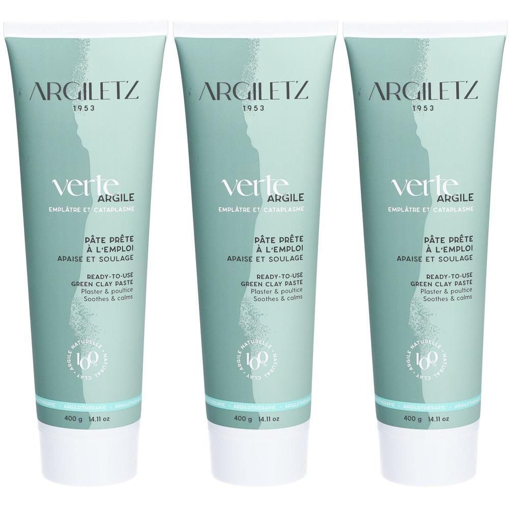 Drie tubes Argiletz Masque Argile Vert. Groen-witte verpakking met productnaam en tekst. 400g. Opschrift: Pâte prête à l'emploi.