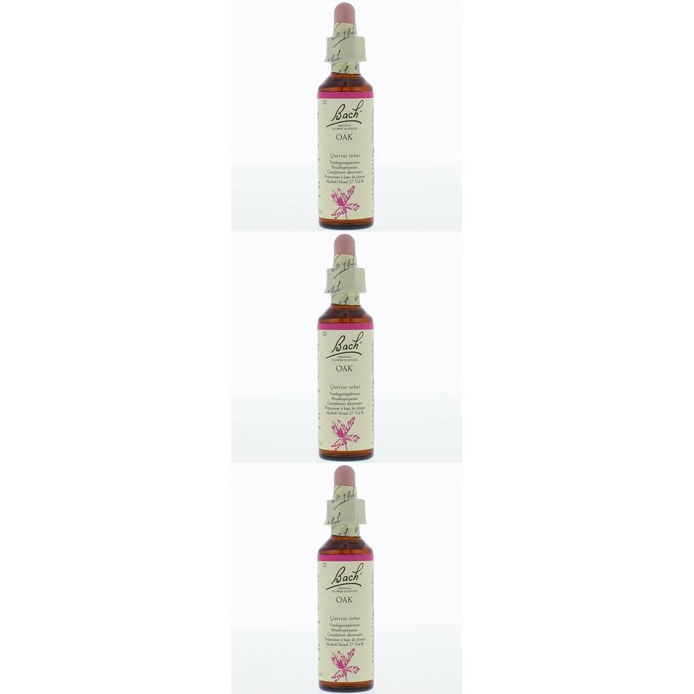 Drie flesjes met roze vloeistof en pipet. Opschrift: Bach Original, Oak. Etiket met bloemmotief.