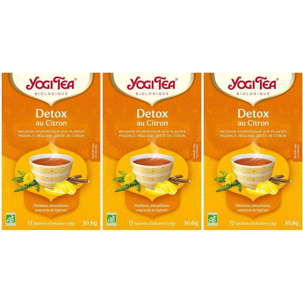 Trois boîtes de Yogi Tea® Detox au Citron. Emballage orange avec logo, tasse, citron et herbes. 17 sachets.