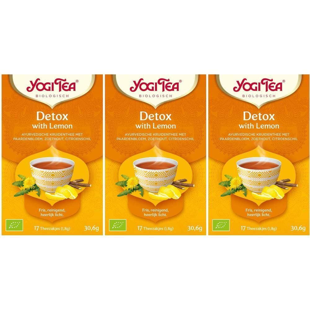 Drie verpakkingen Yogi Tea® Detox with Lemon. Oranje verpakking met logo, kopje, citroen en kruiden. 17 zakjes.