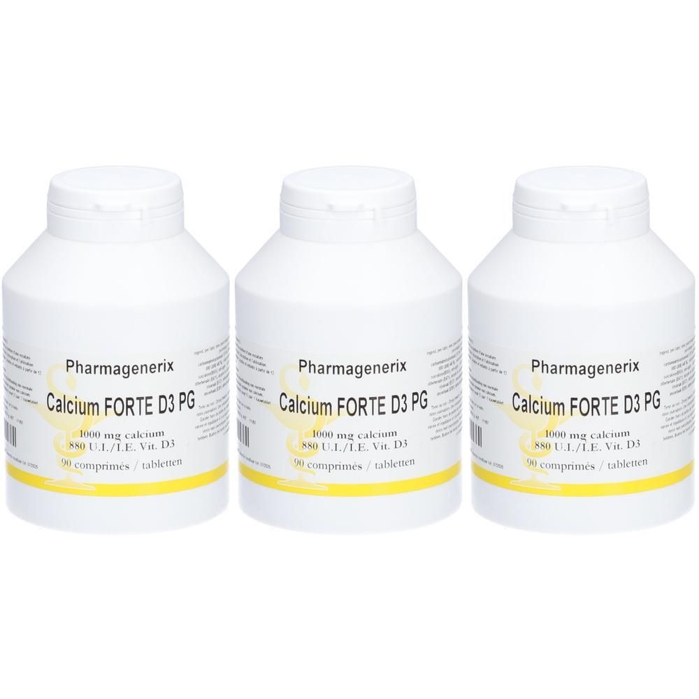 Drie witte flessen met etiket "Pharmagenerix Calcium FORTE D3 PG". Opschrift: 1000 mg calcium, 880 IE Vit. D3.