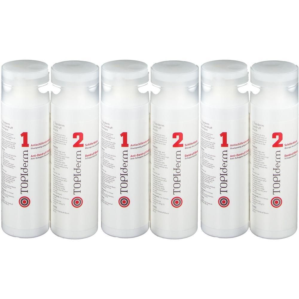 Six flacons blancs avec lettrage rouge. Chaque flacon porte le numéro "1" ou "2", ainsi que "Topiderm" et "Anti-pelliculaires".
