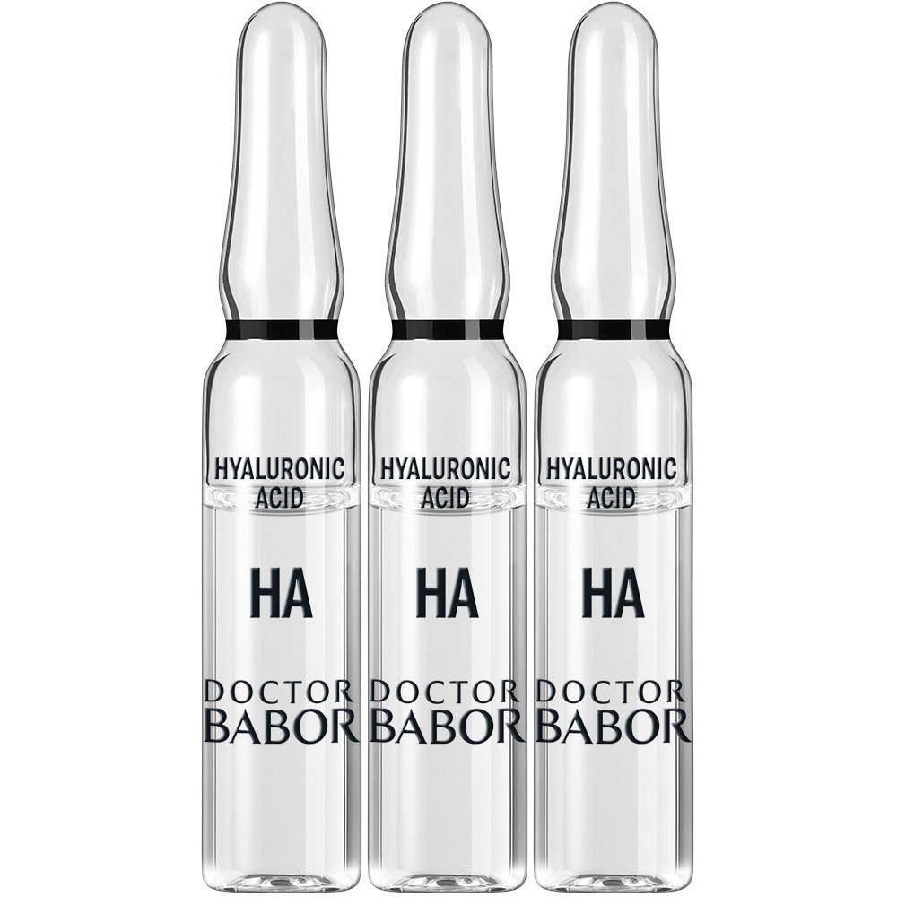 Trois ampoules en verre. Inscriptions : Acide Hyaluronique, HA, Doctor Babor.
