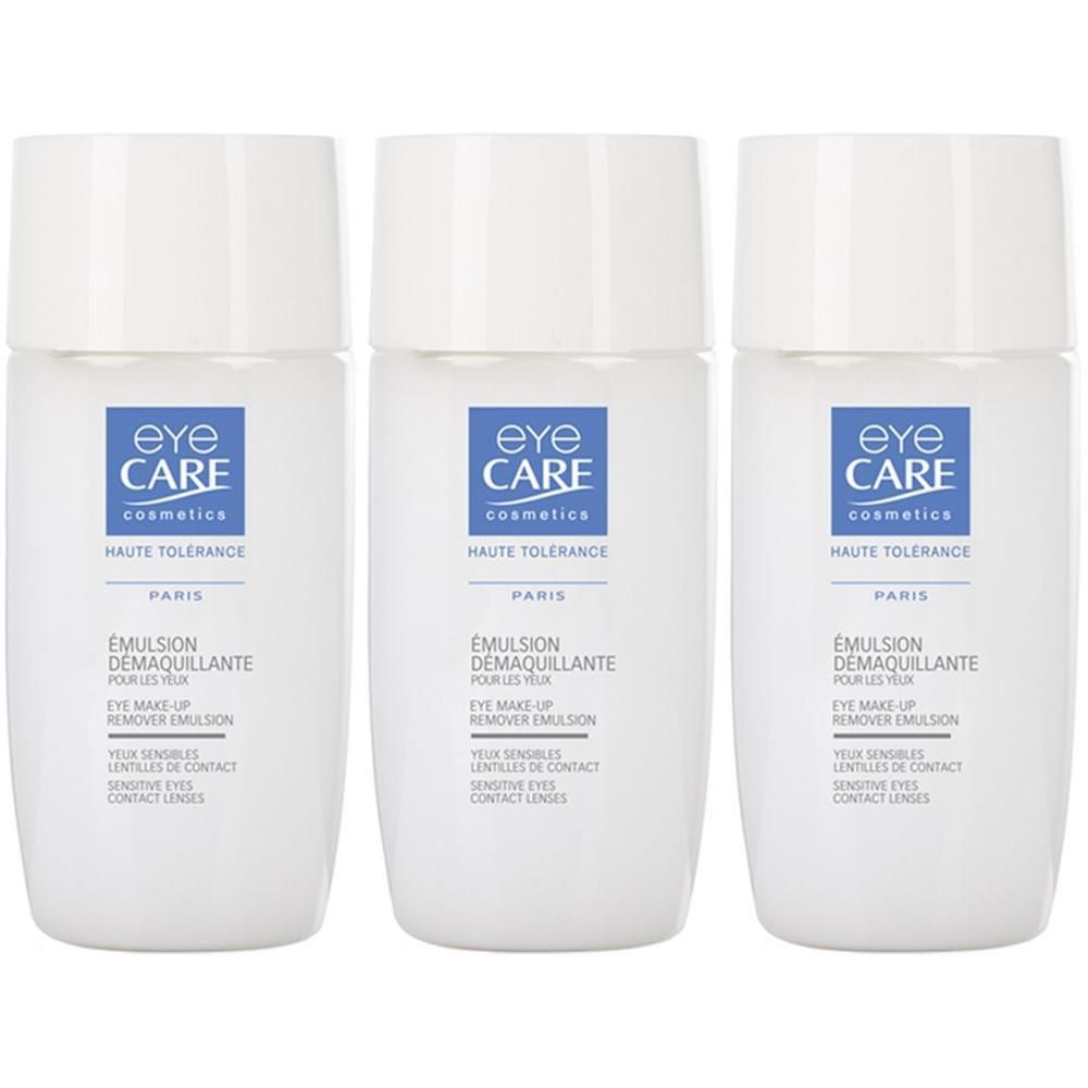 Drie witte flessen met blauw-wit etiket. Op het etiket staat "Eye Care" en "Emulsion Demaquillante".