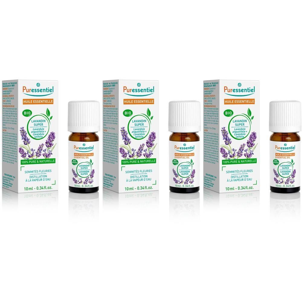 Verschillende flesjes en verpakkingen van lavendelolie. Op de verpakkingen staat "Puressentiel Huile Essentielle Lavandin Super Bio".