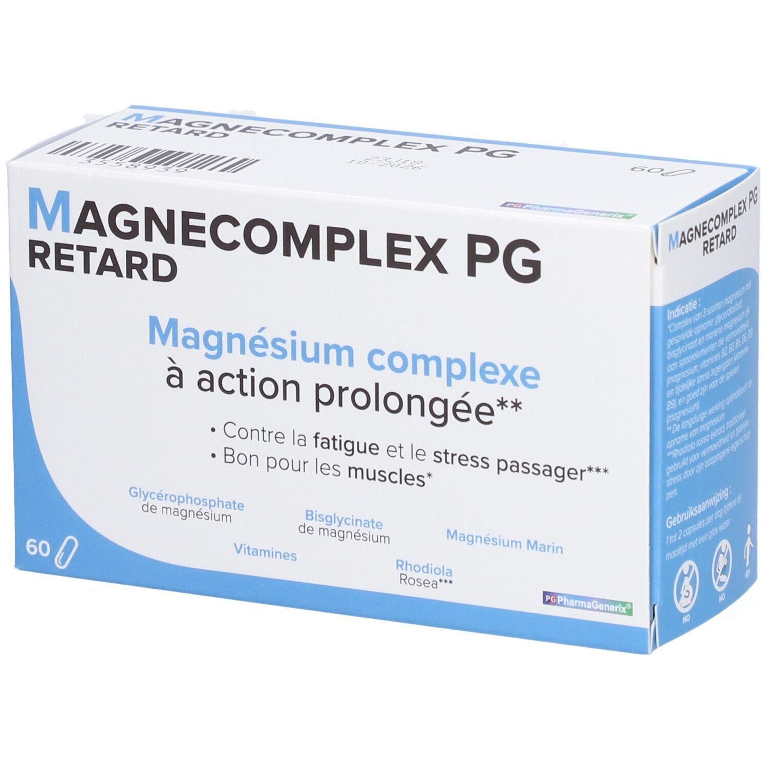 Doos van MAGNECOMPLEX PG RETARD. Blauw en witte verpakking. Bevat 60 tabletten. Tekst: Magnésium complexe à action prolongée.