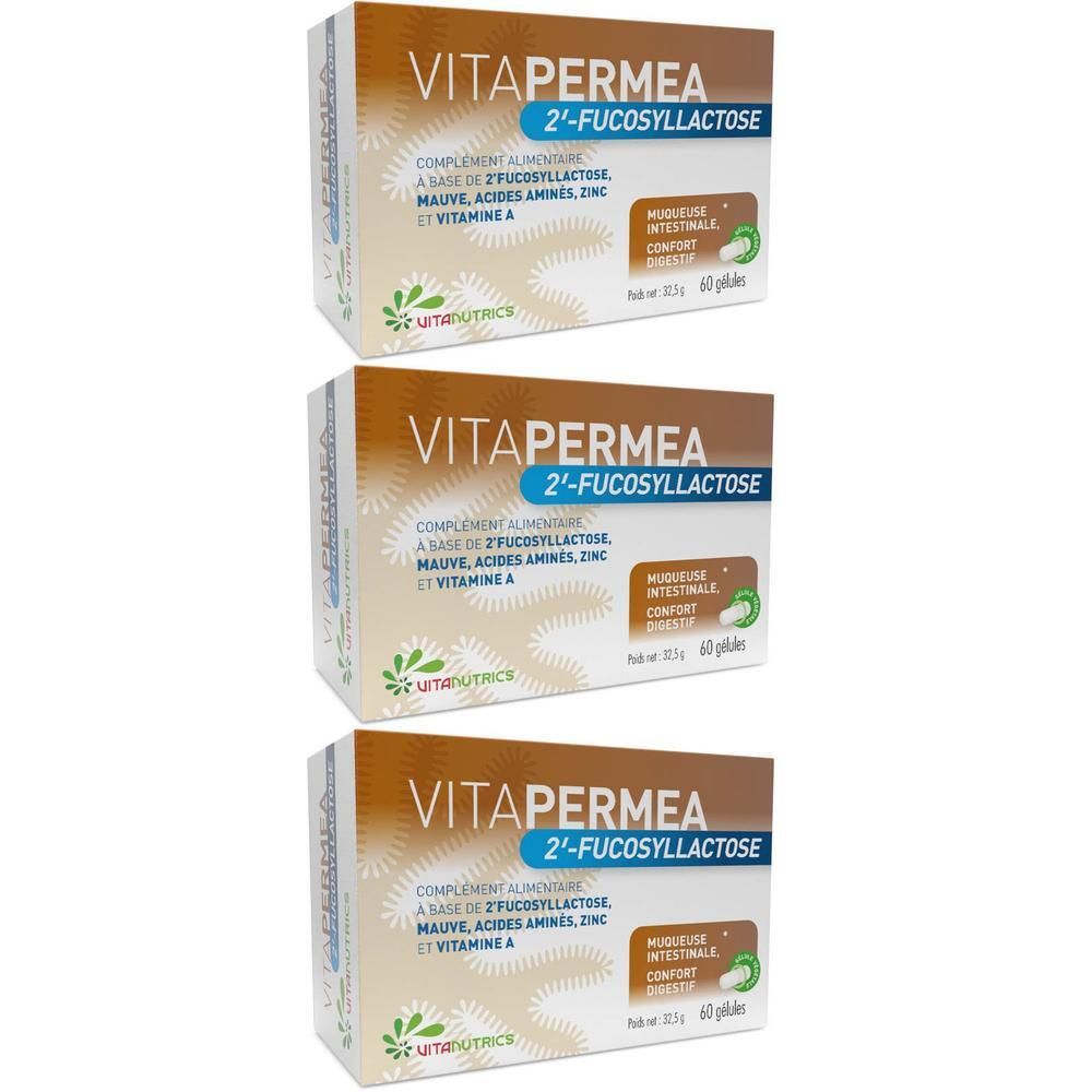 Drie dozen Vitanutrics Vitapermea. Opschrift: 2'-FUCOSYLLACTOSE, voedingssupplement, 60 capsules. Logo Vitanutrics.