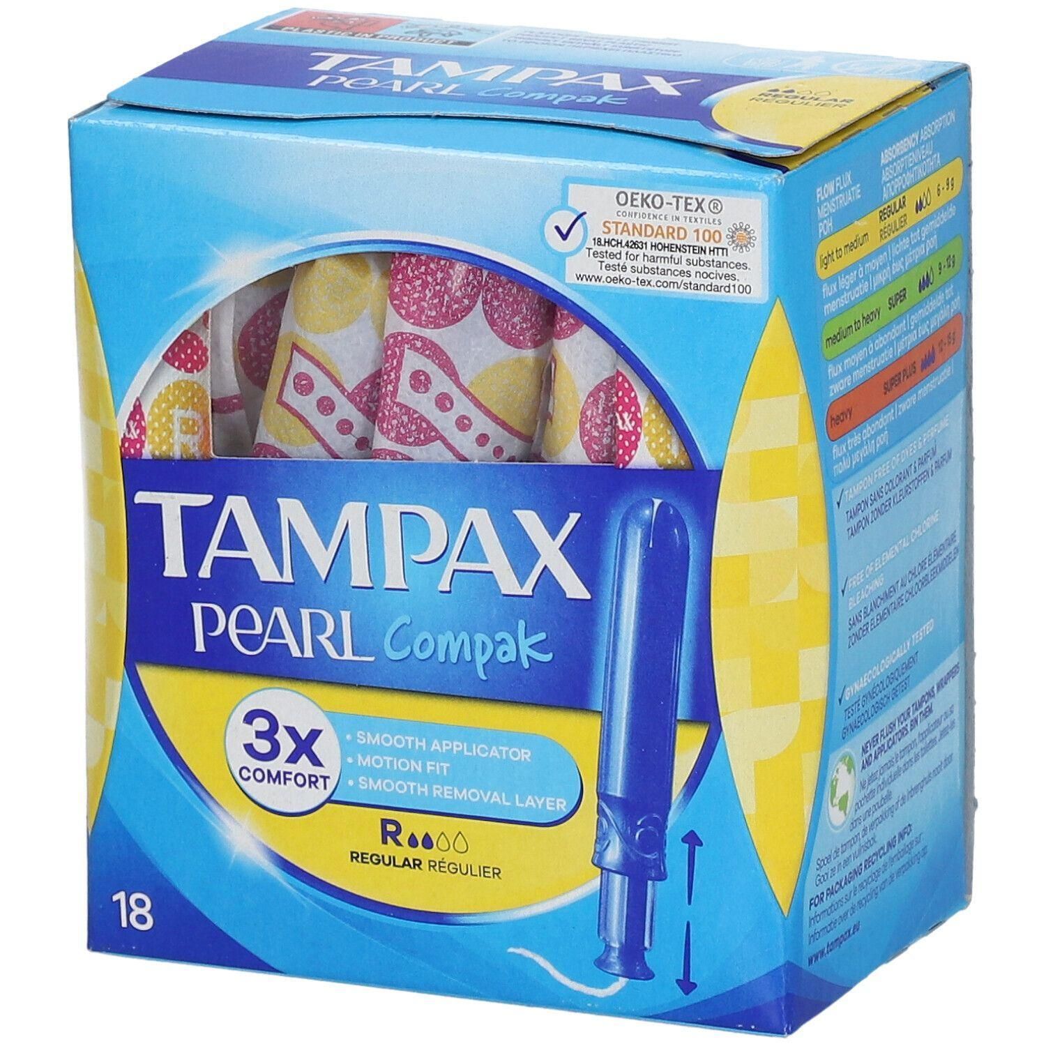 Boîte de tampons Tampax Pearl Compak. 18 unités. Applicateur lisse, Motion Fit et couche de protection. Regular.