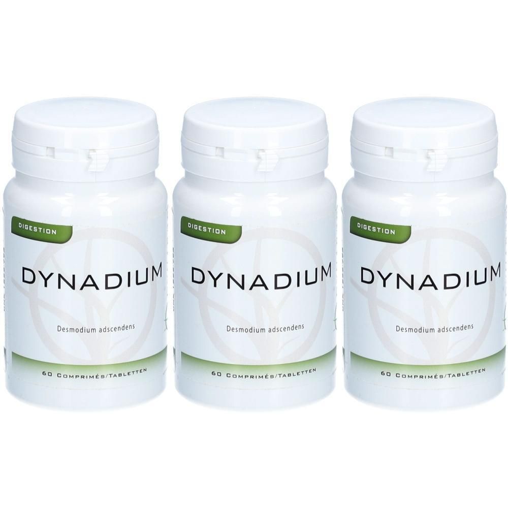 Trois flacons blancs de comprimés "DYNADIUM". Chaque flacon porte l'inscription "DIGESTION" et "60 COMPRIMÉS/TABLETTEN".