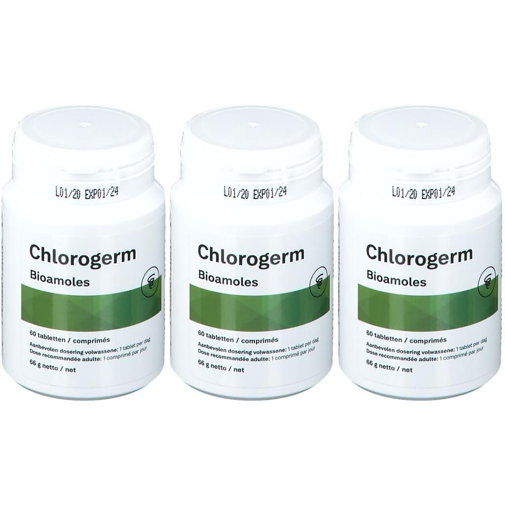 Trois flacons blancs avec l'inscription Chlorogerm Bioamoles. La date d'expiration EXP01/24 est visible sur chaque flacon.