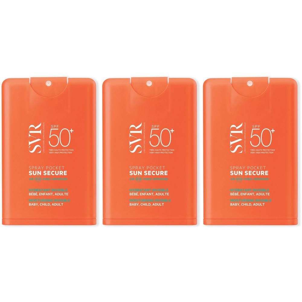 Trois sprays orange SPF 50+. Inscription: SVR, Sun Secure Spray Pocket. Pour bébés, enfants, adultes.