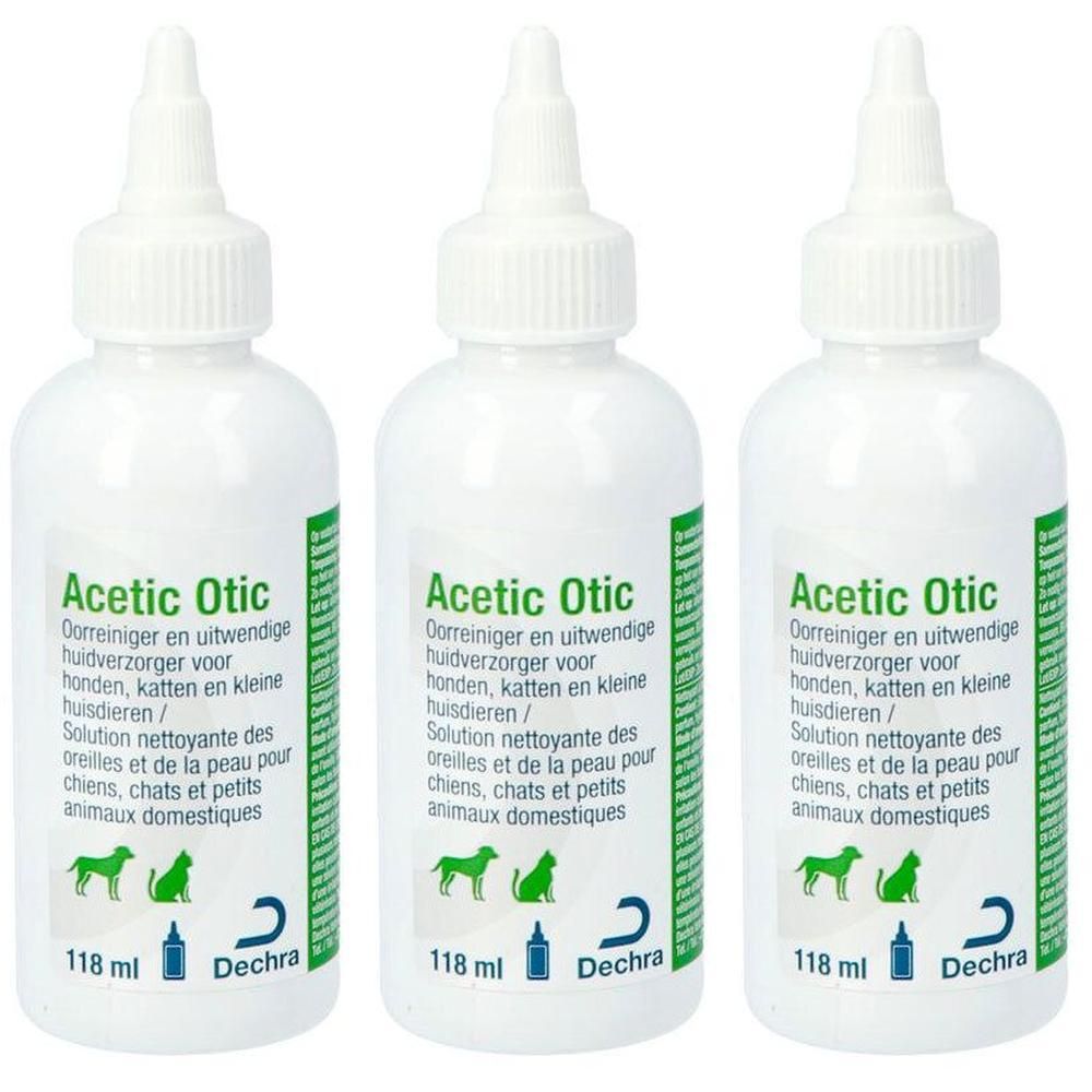 Trois flacons blancs avec étiquettes. Inscription : Acetic Otic. Contient 118 ml. Marque : Dechra. Pour chiens, chats et petits animaux.