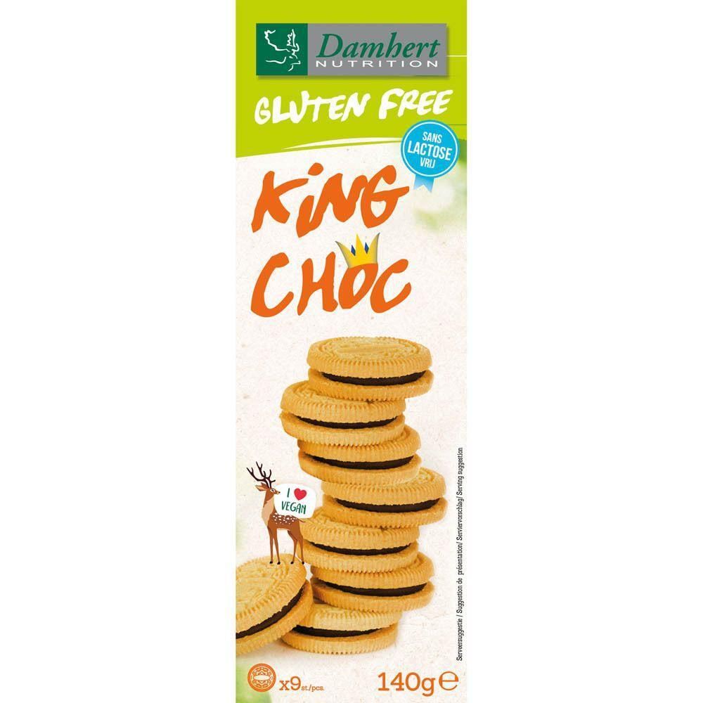 Paquet de biscuits. Inscriptions: Gluten Free, Sans Lactose, King Choc. Pile de biscuits fourrés à la crème. Logo vegan.