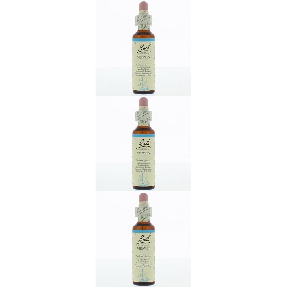 Drie bruinglazen flesjes met pipet. Opschrift "Bach Vervain". Etiket met bloemmotief.