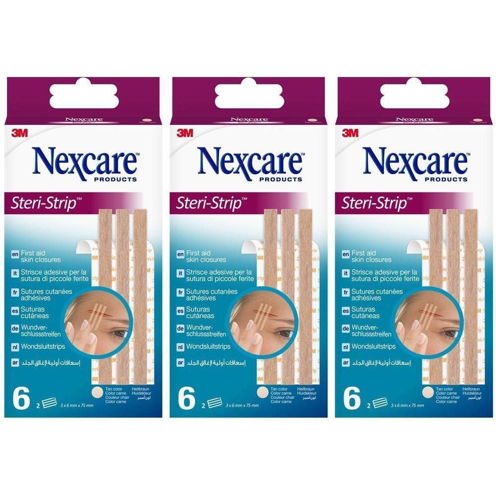 Trois boîtes de Nexcare Steri-Strip. Bandes de suture cutanée couleur peau. Chaque boîte contient 6 bandes.