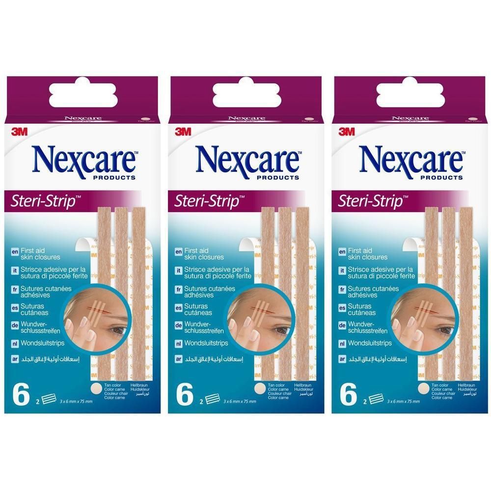 Drie verpakkingen Nexcare Steri-Strip. Huidkleurige huidstrips. Elke verpakking bevat 6 strips.
