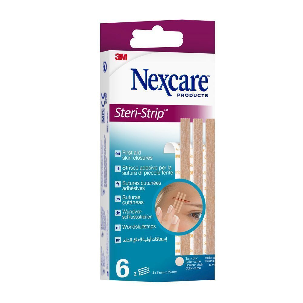 Boîte de Nexcare Steri-Strip, bandes de suture cutanée couleur peau. 6 bandes. Image du produit avec des bandes.
