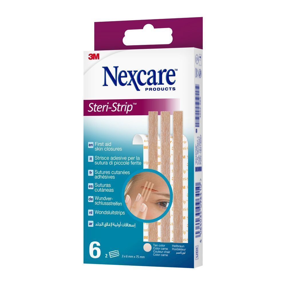Verpakking Nexcare Steri-Strip, huidkleurige huidstrips. 6 strips. Productafbeelding met strips.