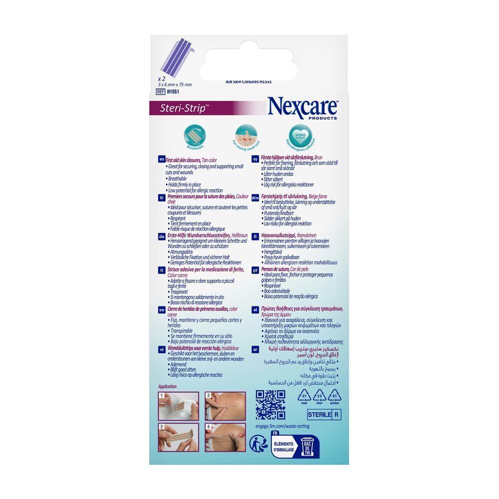 Achterkant van de verpakking Nexcare Steri-Strip. Meertalige tekst. Gebruiksaanwijzingen.
