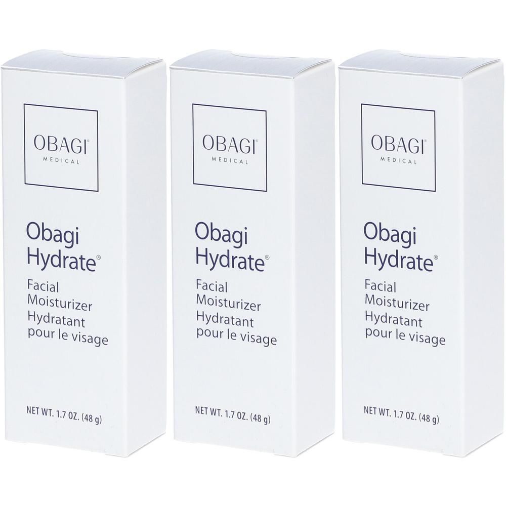 Trois boîtes blanches de crème hydratante pour le visage "Obagi Hydrate". Inscription : Facial Moisturizer, Hydratant pour le visage. Poids net 1,7 oz (48 g).