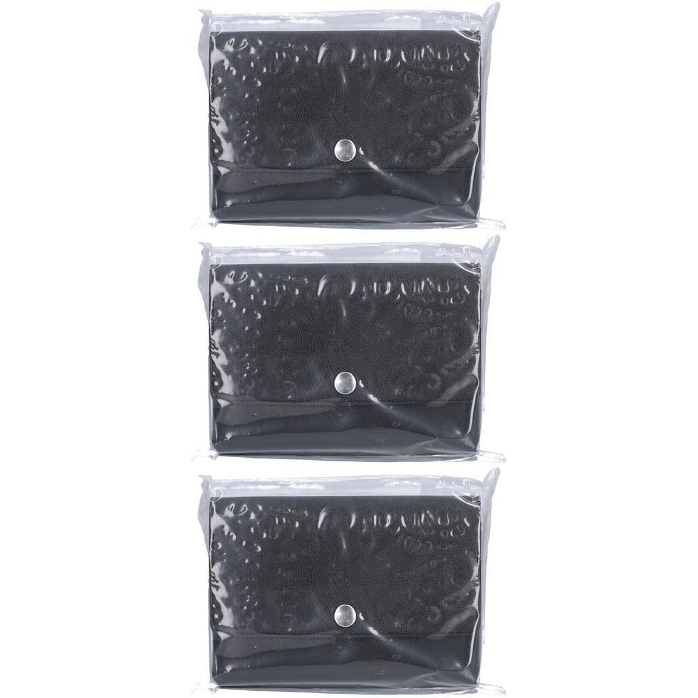 Trois piluliers noirs, emballés individuellement dans du plastique. Chaque boîte a un bouton argenté.