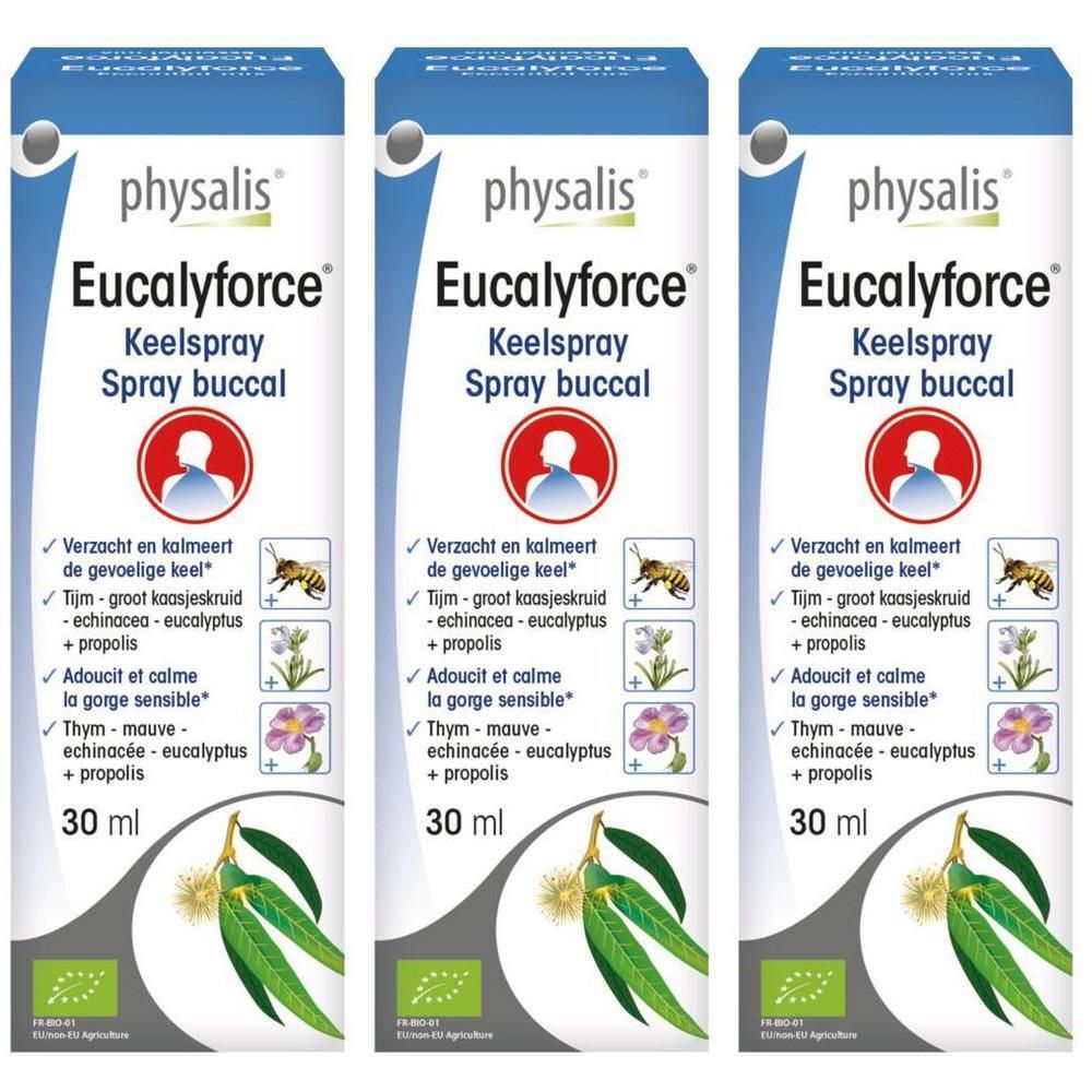 Drie flacons Physalis Eucalyforce Keelspray. Blauwe verpakking met productnaam en ingrediënten. 30 ml.