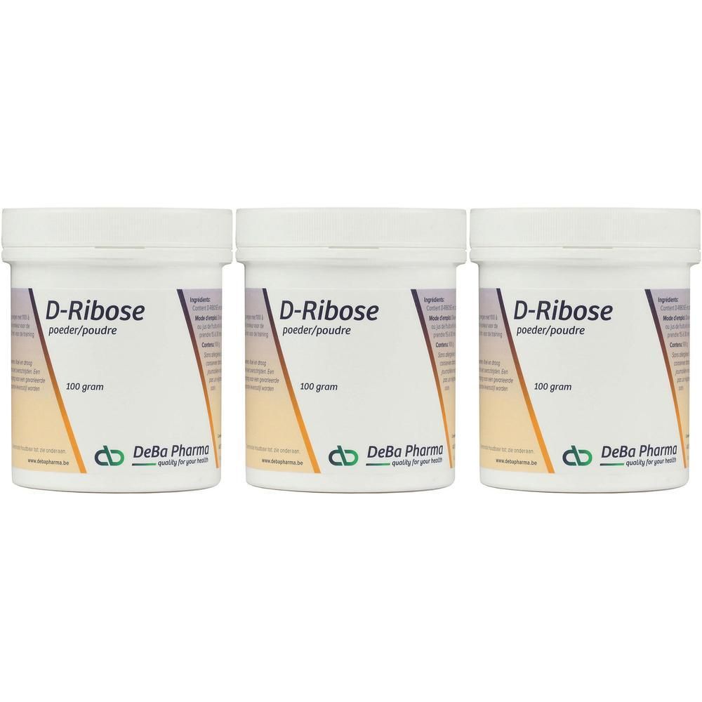 Trois pots blancs de poudre de D-Ribose. Inscription : D-Ribose, 100 grammes, DeBa Pharma.