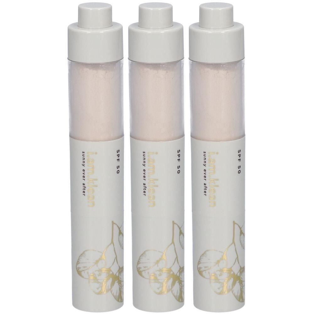 Trois contenants cylindriques avec couvercles blancs. Inscription : i.am.klean, sunny ever after, SPF 50. Motifs dorés.